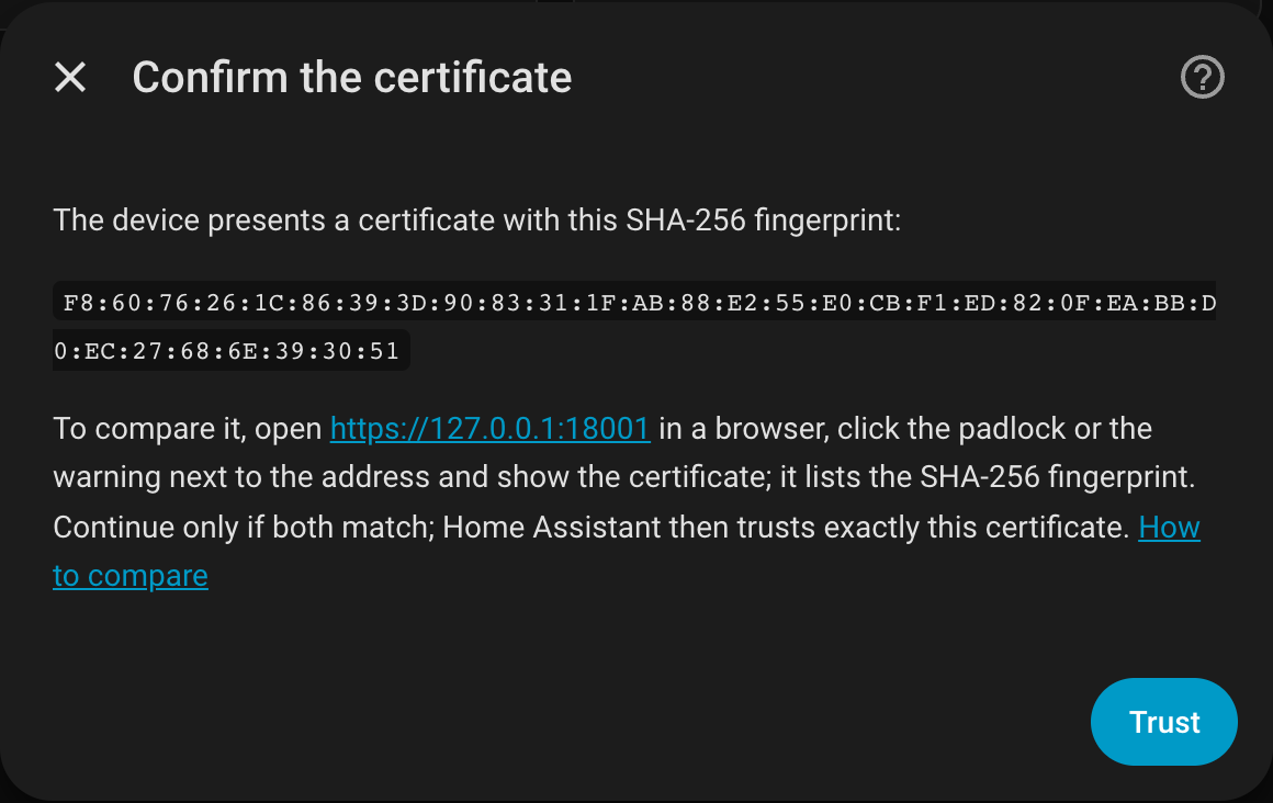 The certificate step with the fingerprint and how to compare it